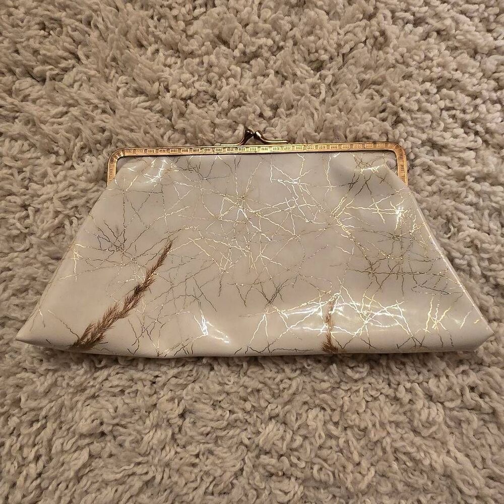 Vintage MCM Clutch Purse White Silver Gold Kiss Closure